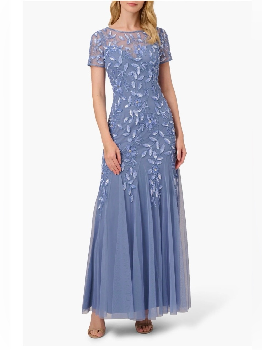 Adrianna Papell french Blue Embroidered Illusion Maxi Dress